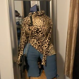 Animal Print Turtle Neck Long Sleeve Blouse